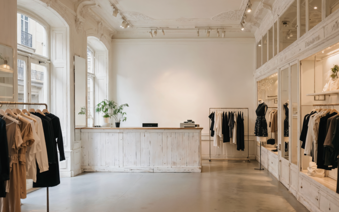 Tienda de ropa minimalista con estanterías blancas y una recepción clara.